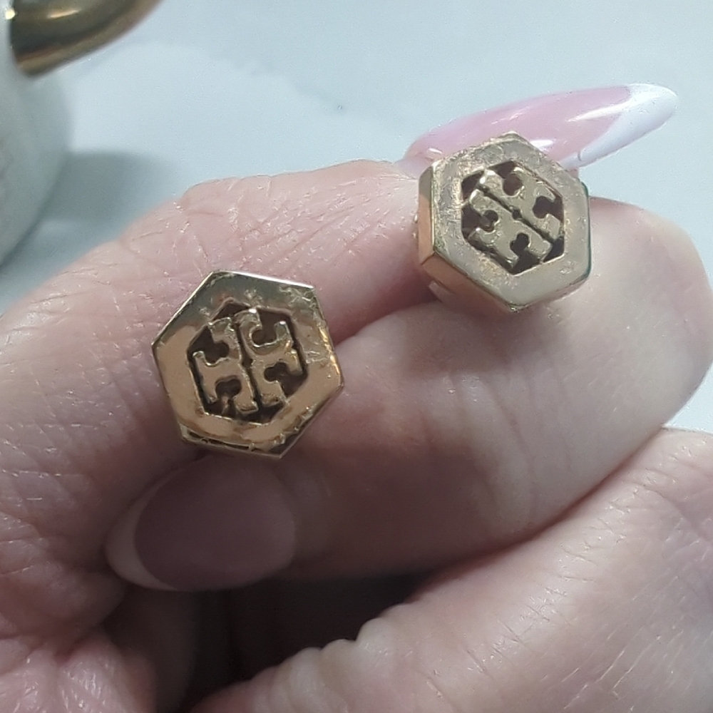 Tory Burch Gold Hexagon Logo Earrings